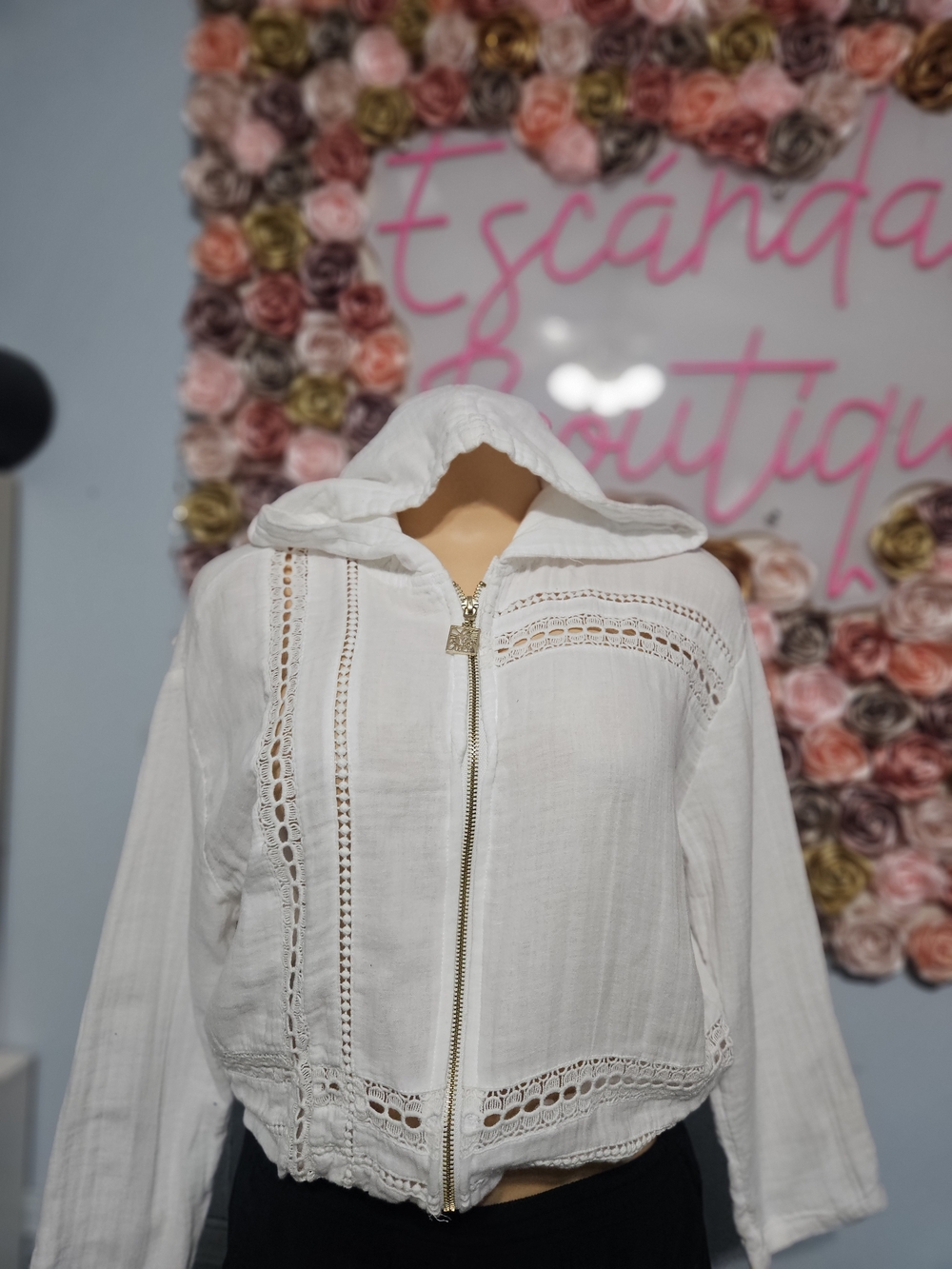 O'Neill White Hooded Crochet-Trim Zip Jacket